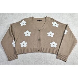 Womens Love Tree Cardigan Sweater Sz L Tan White Floral Knit Cropped Cottagecore